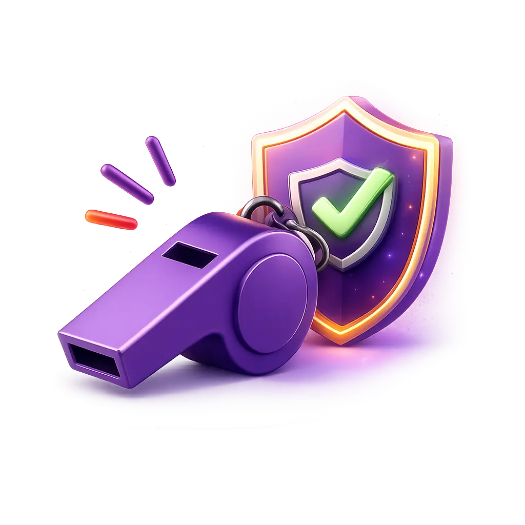 Purple whistle and shield with a check mark